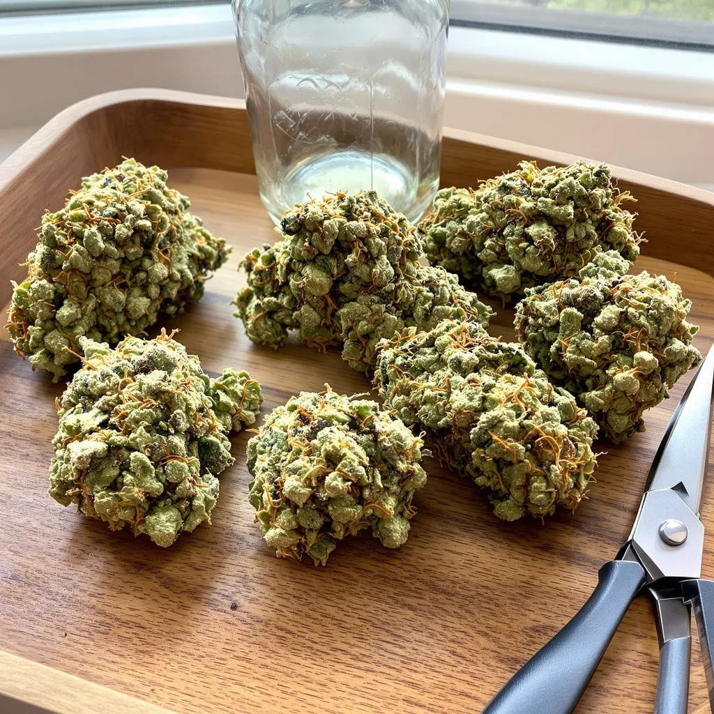 Purple Voodoo 54% indica / 46% sativa flower with visible trichomes