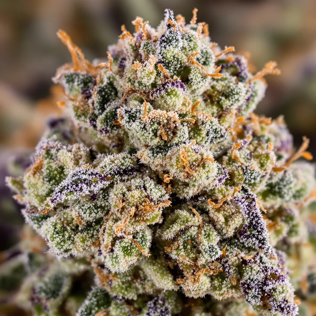 Purple Voodoo cannabis bud close-up showing balanced bud structure with frosted trichomes