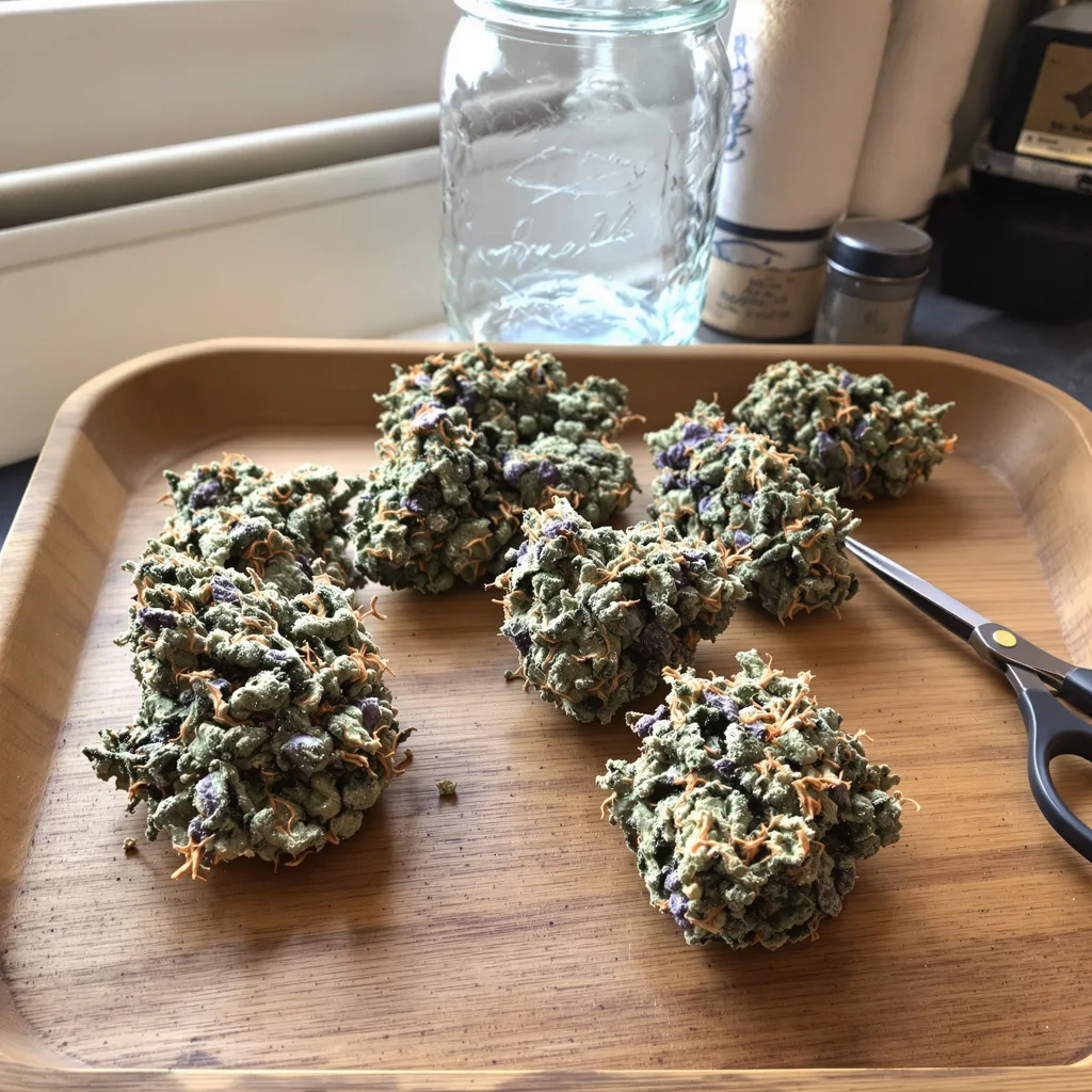 Purple Voodoo 54% indica / 46% sativa flower with visible trichomes