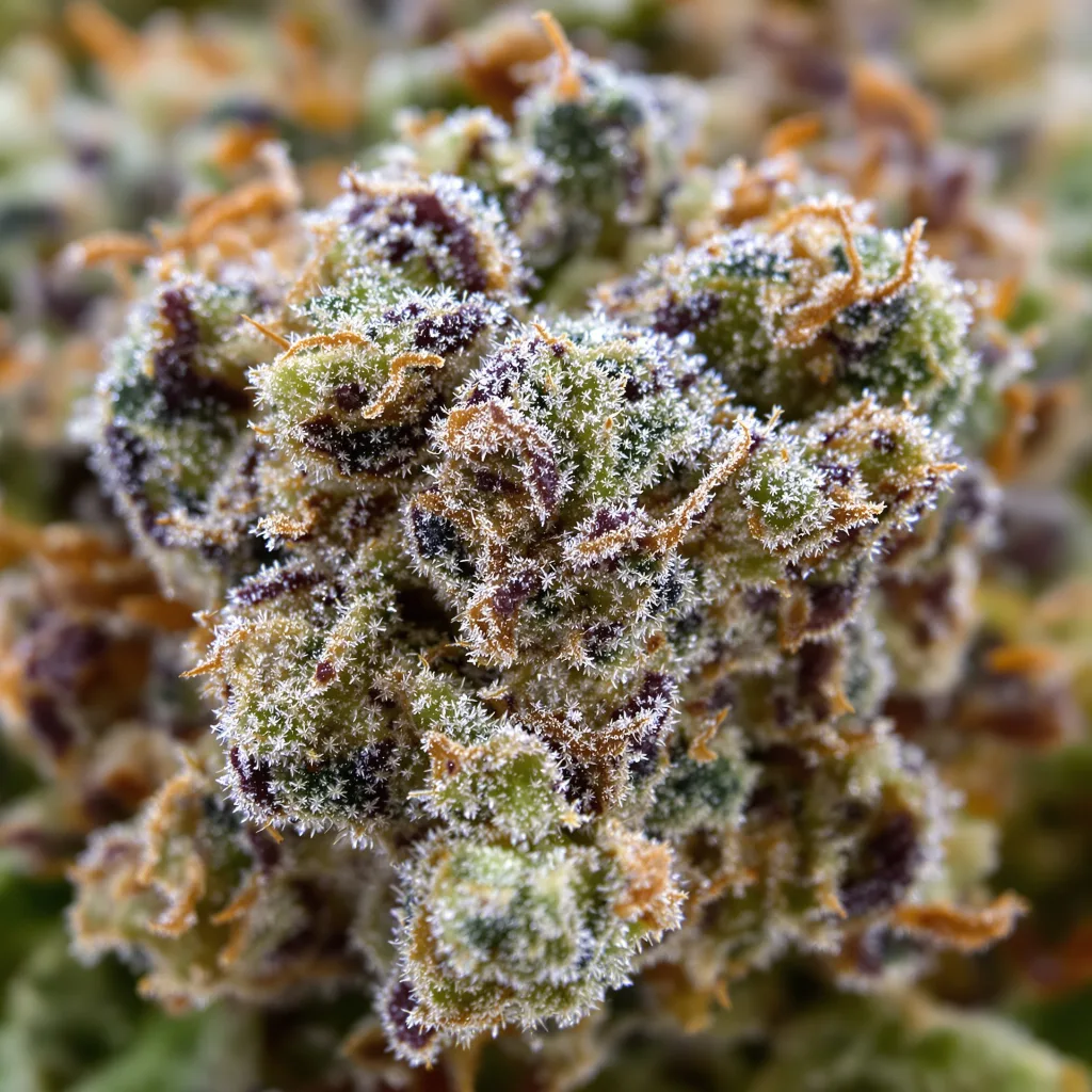Qrazy Train cannabis bud close-up showing balanced bud structure with frosted trichomes