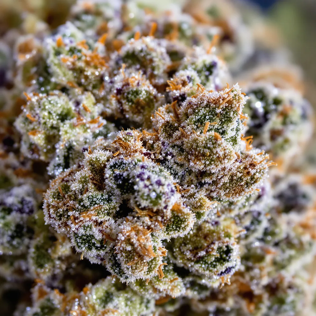 Qrazy Train cannabis bud close-up showing balanced bud structure with frosted trichomes