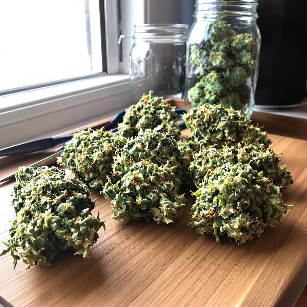 Quantum Kush 25% indica / 75% sativa flower with visible trichomes
