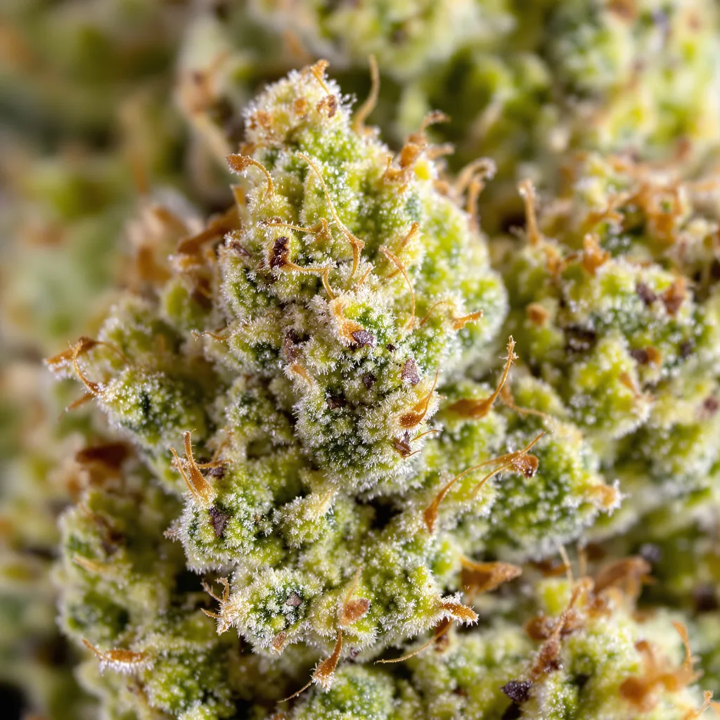 Quantum Kush cannabis bud close-up showing lime-green airy structure