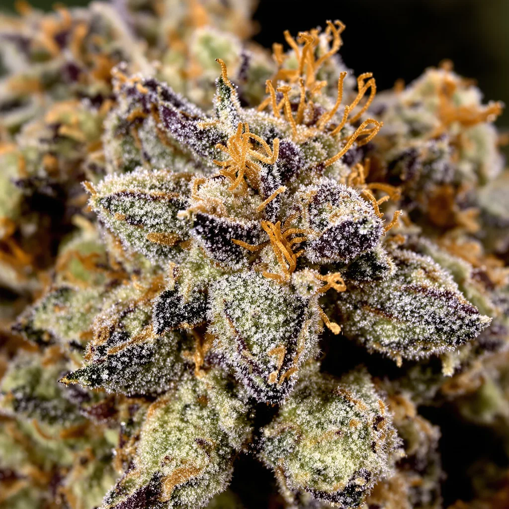 Queso cannabis bud close-up showing dense purple-tinged calyxes