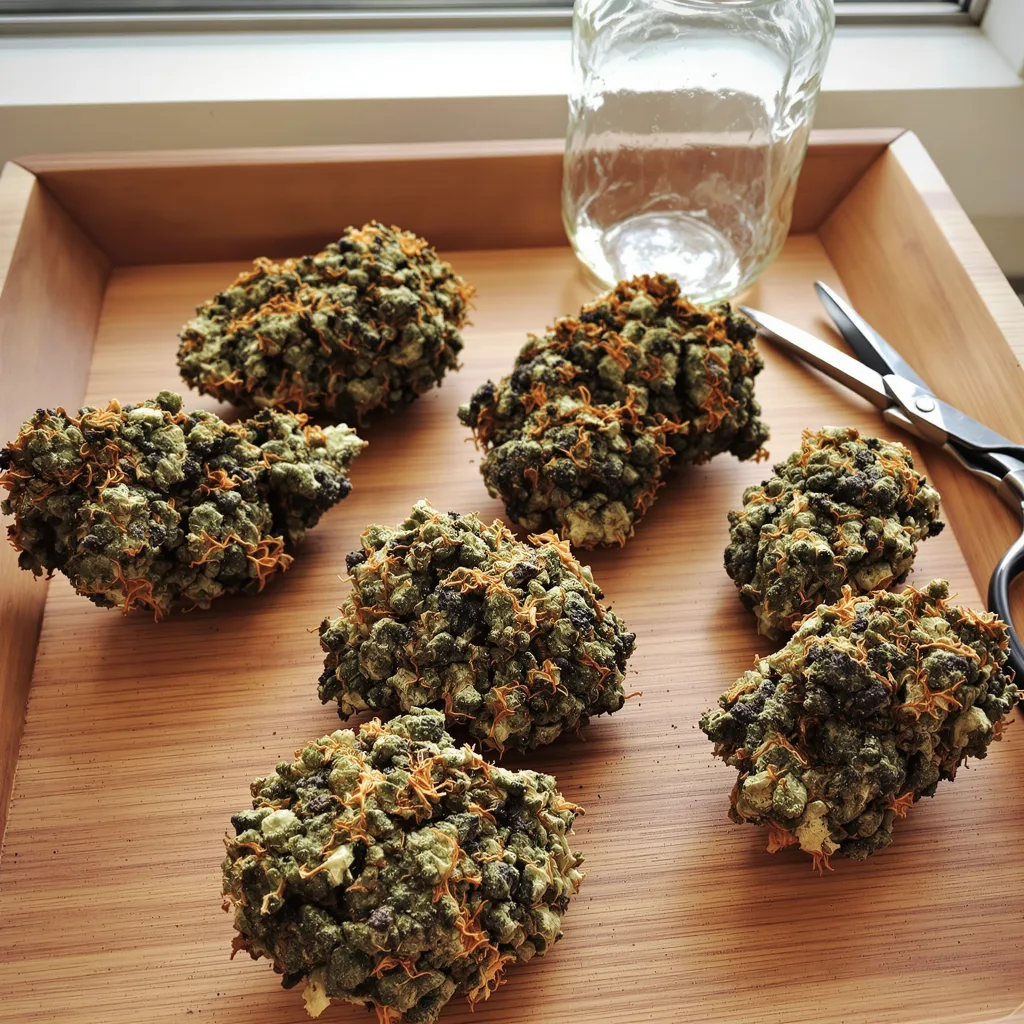 Quin-N-Tonic 77% indica / 23% sativa flower with visible trichomes
