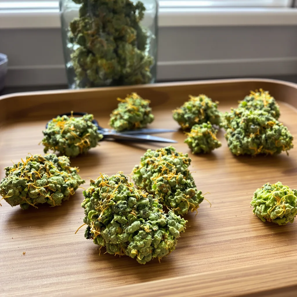 Rainbow 30% indica / 70% sativa flower with visible trichomes