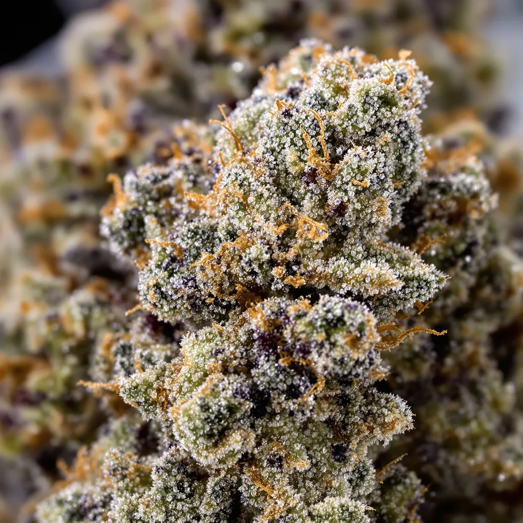 Rainbow Glue cannabis bud close-up showing dense purple-tinged calyxes