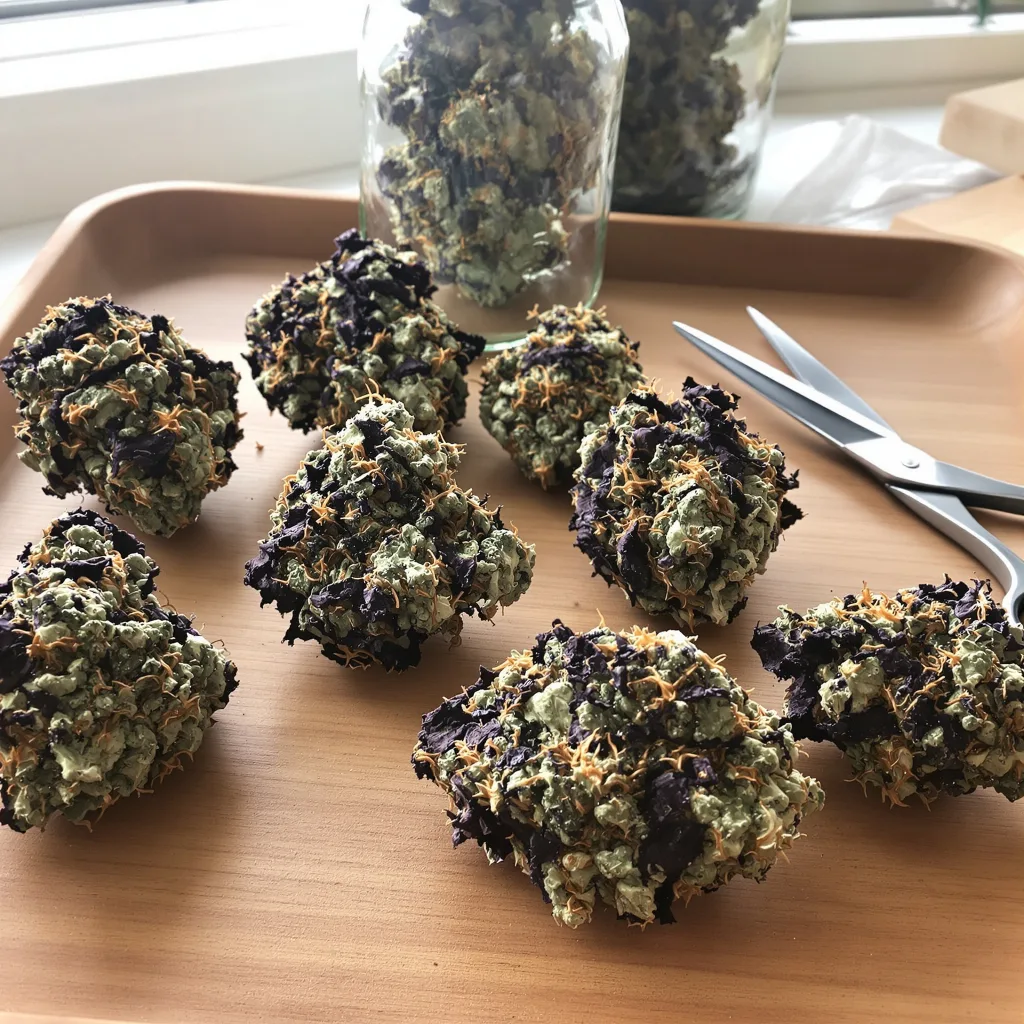 Rainbow Jones 76% indica / 24% sativa flower with visible trichomes