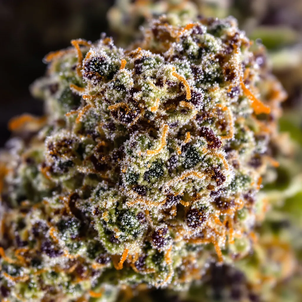 Rainbow Jones cannabis bud close-up showing dense purple-tinged calyxes