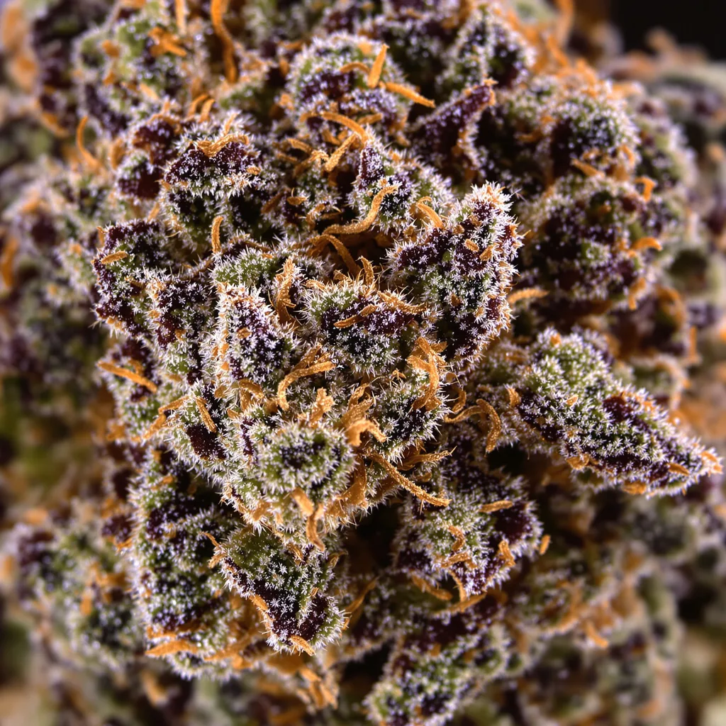Rainbow Jones cannabis bud close-up showing dense purple-tinged calyxes
