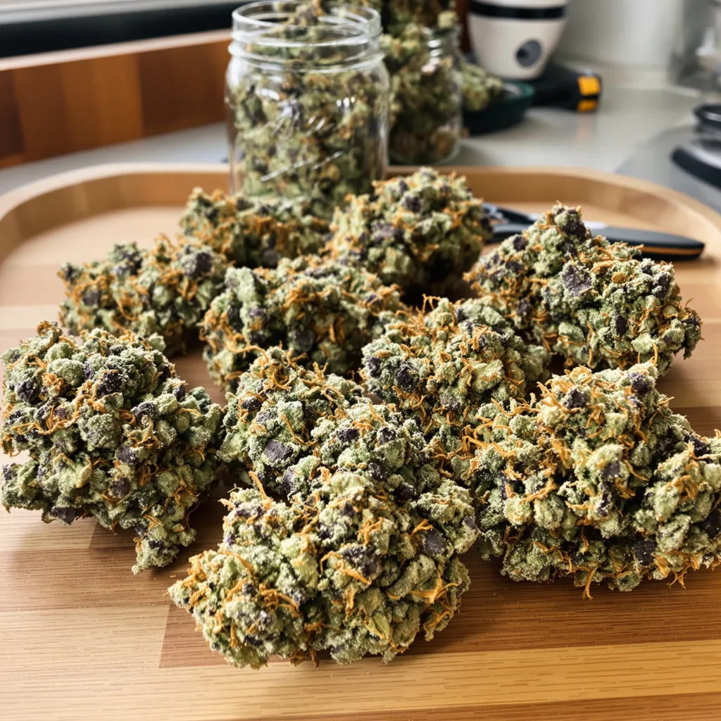 Rainbow Kush 50% indica / 50% sativa flower with visible trichomes