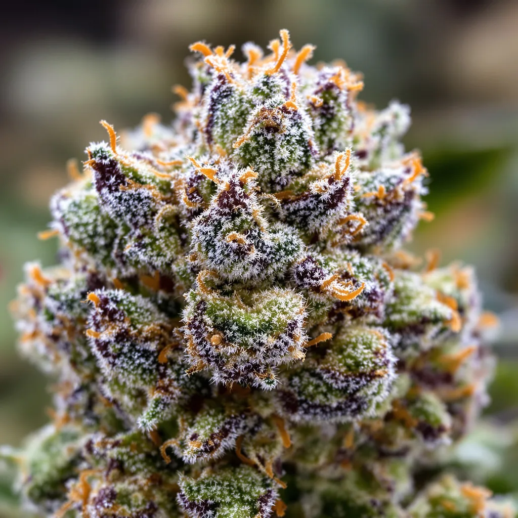 Rainbow Kush cannabis bud close-up showing balanced bud structure with frosted trichomes