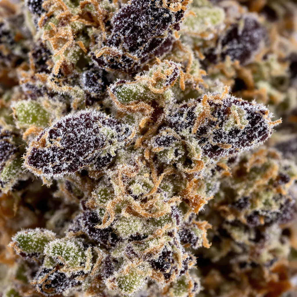 Raisinberry cannabis bud close-up showing dense purple-tinged calyxes