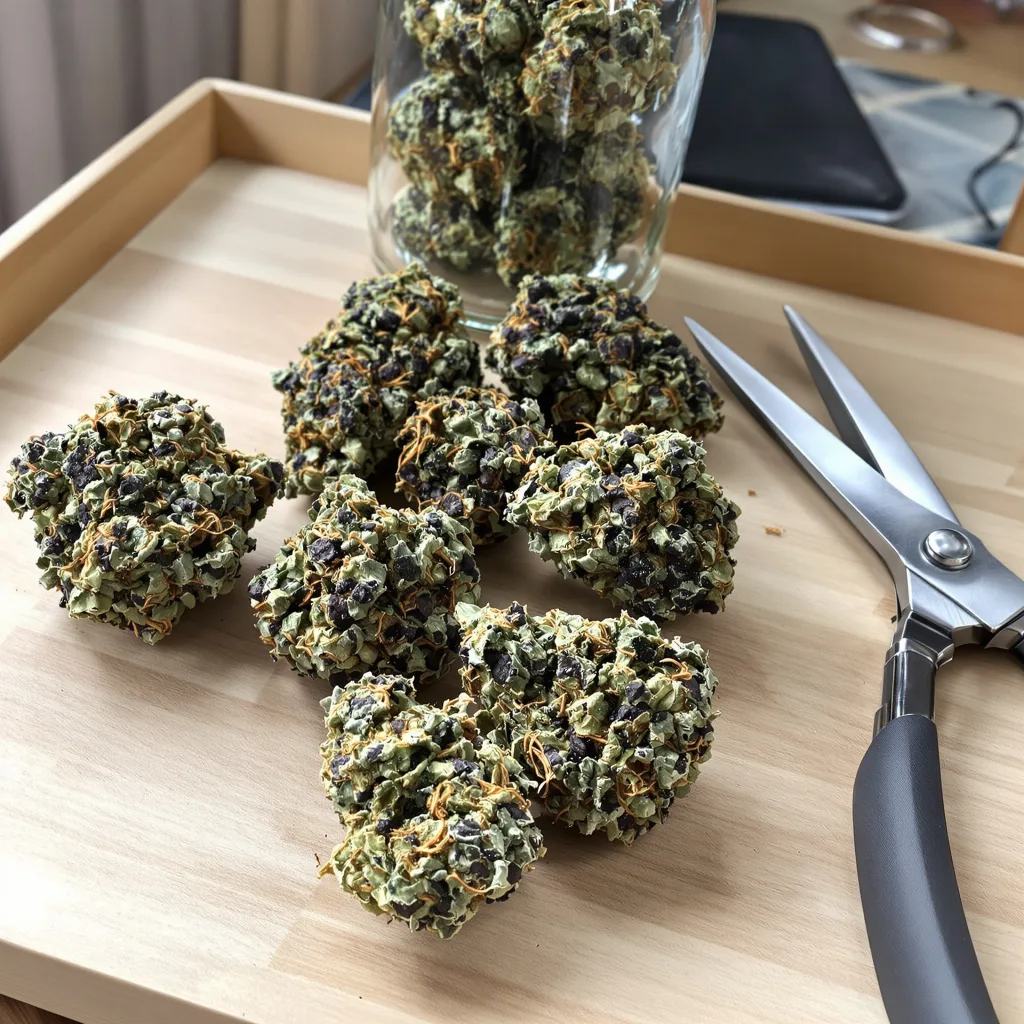 Raisinberry 87% indica / 13% sativa flower with visible trichomes