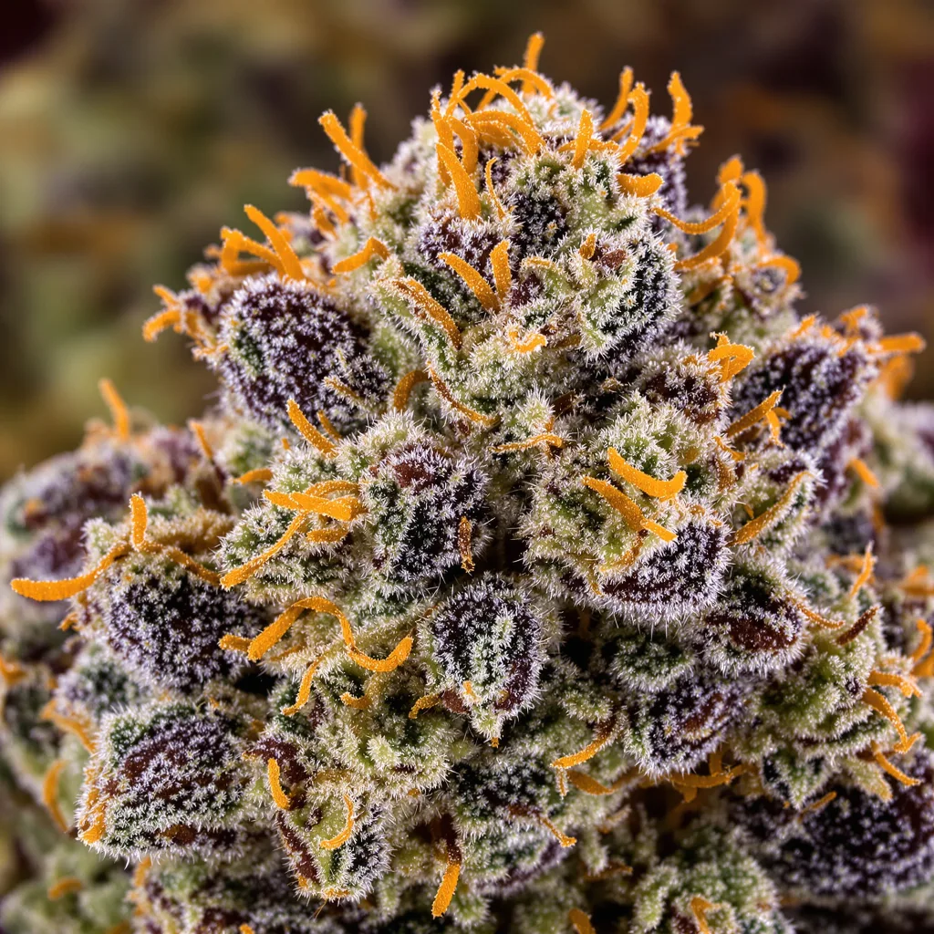 Raisinberry cannabis bud close-up showing dense purple-tinged calyxes
