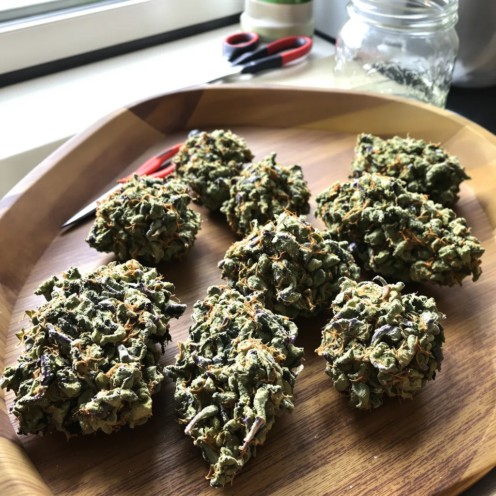 Raspberry Cough 25% indica / 65% sativa flower with visible trichomes