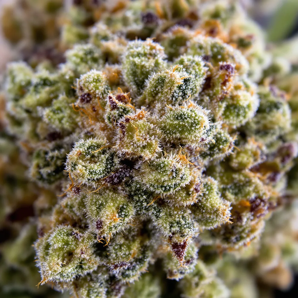 Raspberry Cough cannabis bud close-up showing open-bud structure with orange pistils