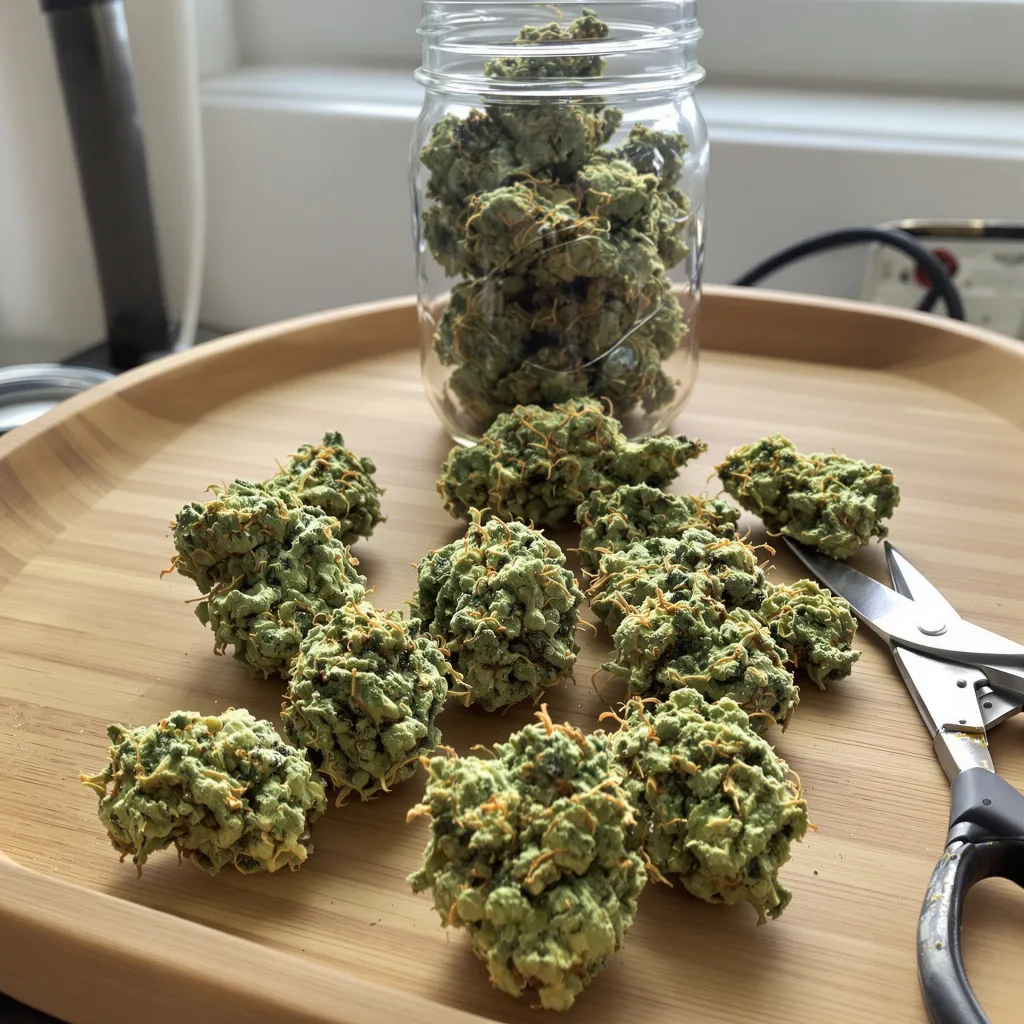 Raspberry Cough Kush 21% indica / 79% sativa flower with visible trichomes