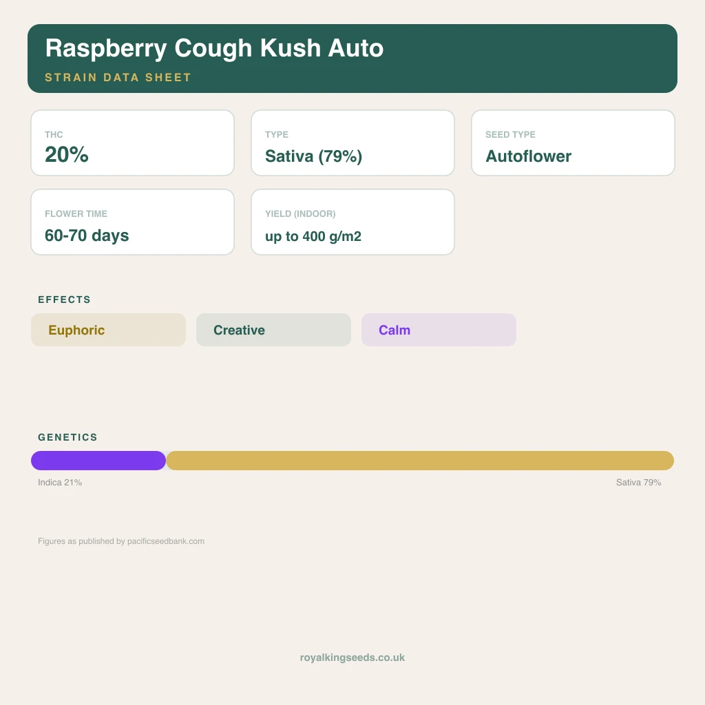 Raspberry Cough Kush 21% indica / 79% sativa flower with visible trichomes