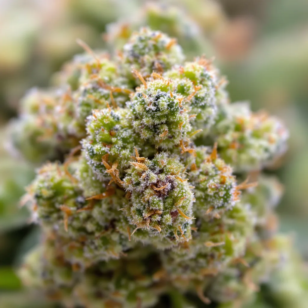 Raspberry Cough Kush cannabis bud close-up showing lime-green airy structure