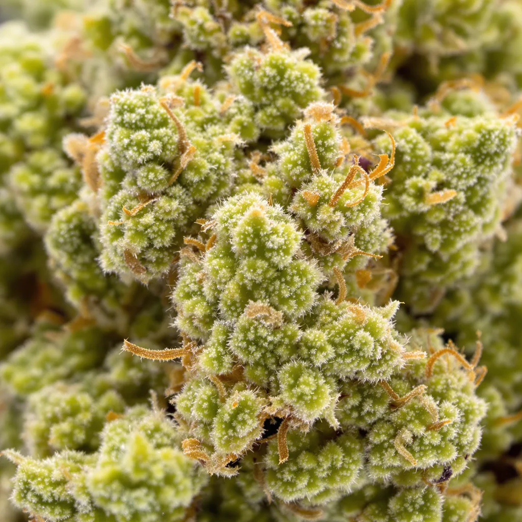 Raspberry Cough Kush cannabis bud close-up showing lime-green airy structure