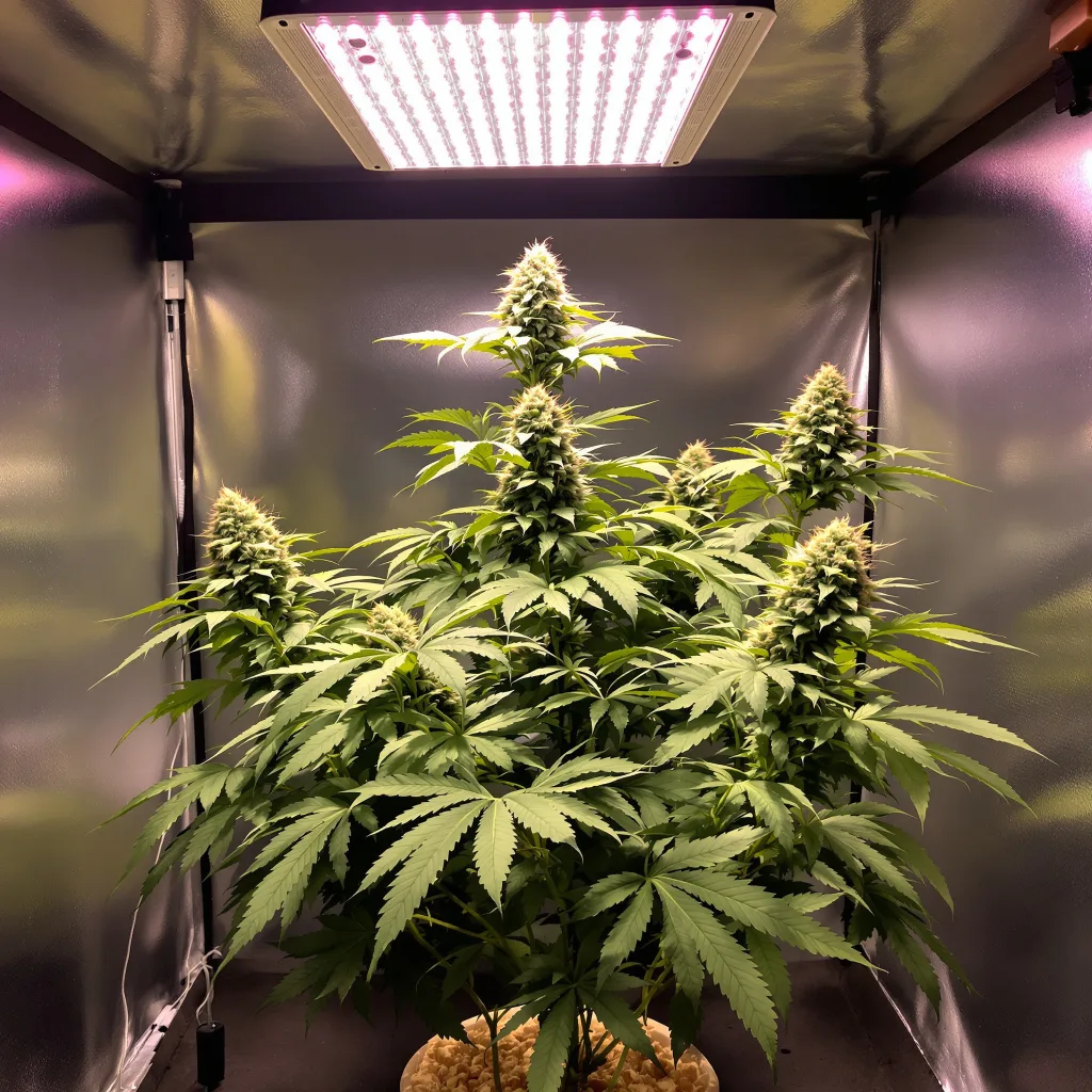 Reclining Buddha 75% indica / 25% sativa flower with visible trichomes