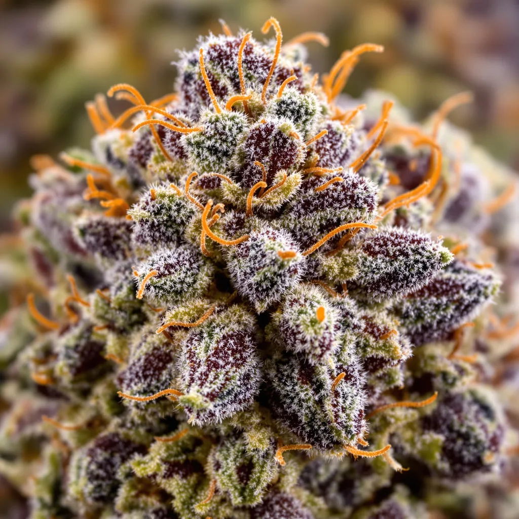 Red Bruce cannabis bud close-up showing dense purple-tinged calyxes