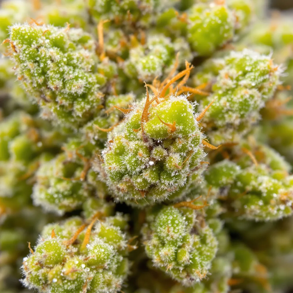Red Congolese cannabis bud close-up showing lime-green airy structure