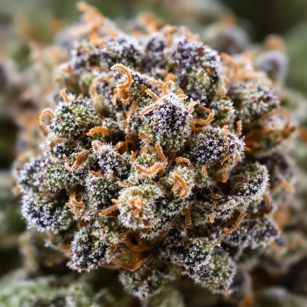 Red Dwarf cannabis bud close-up showing dense purple-tinged calyxes