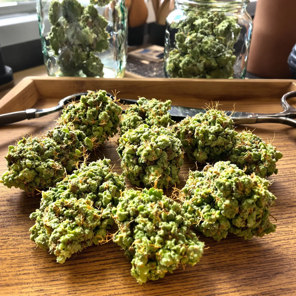 Red Headed Stranger 8% indica / 92% sativa flower with visible trichomes