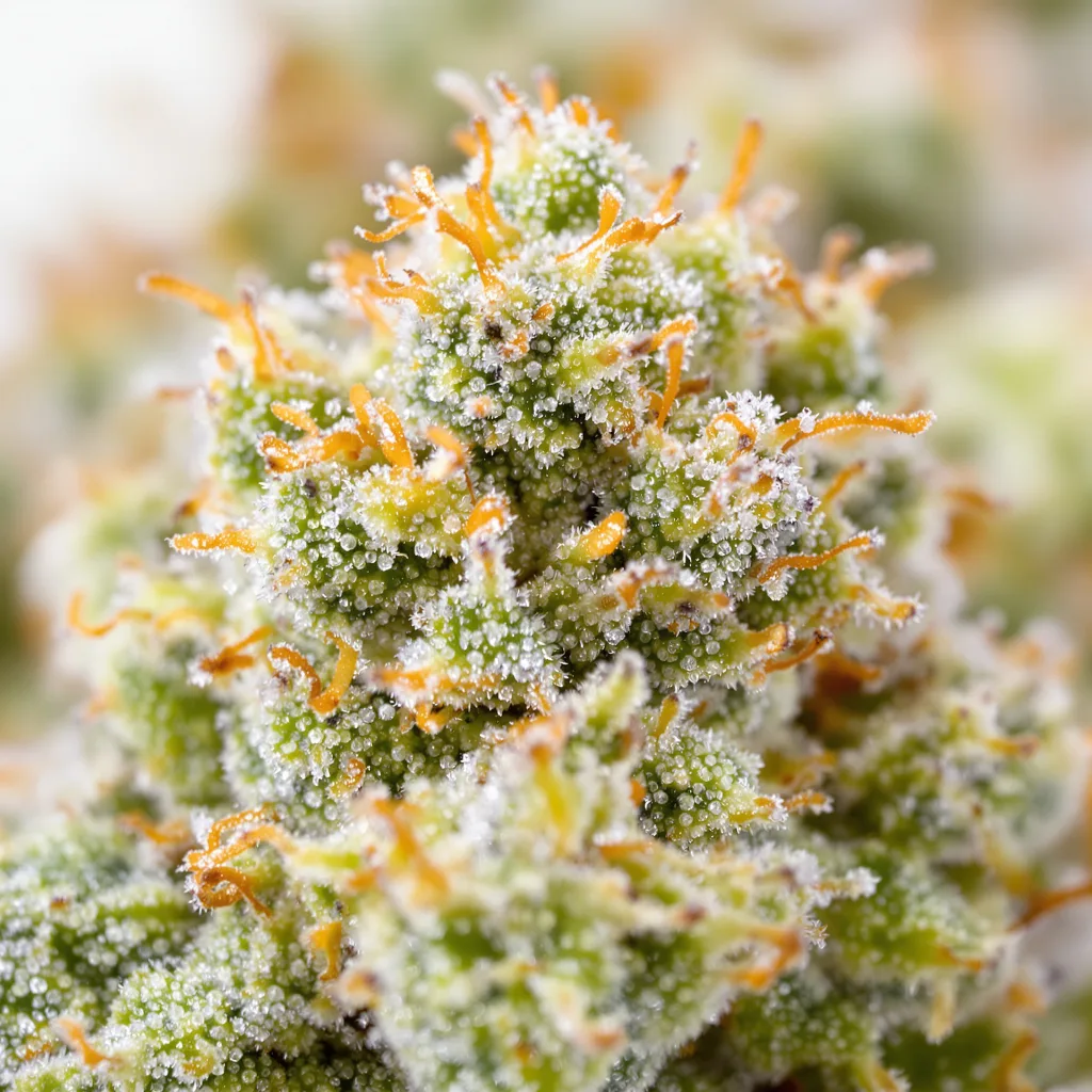 Red Headed Stranger cannabis bud close-up showing lime-green airy structure