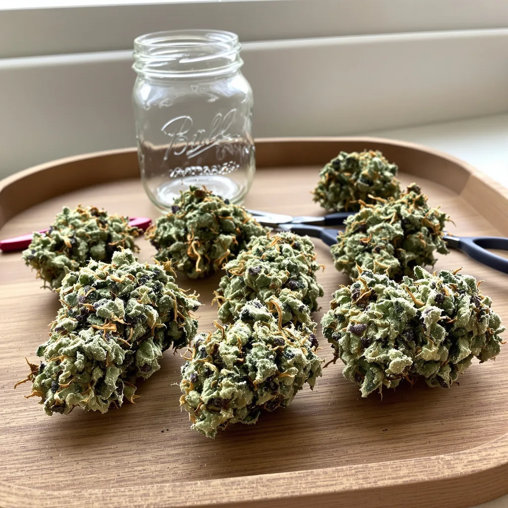 Red Widow 47% indica / 53% sativa flower with visible trichomes