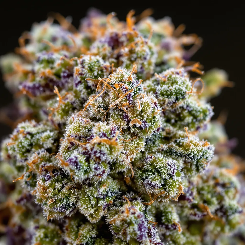 Red Widow cannabis bud close-up showing balanced bud structure with frosted trichomes