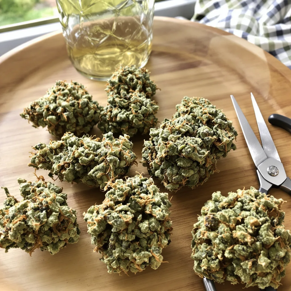 Red Widow 47% indica / 53% sativa flower with visible trichomes