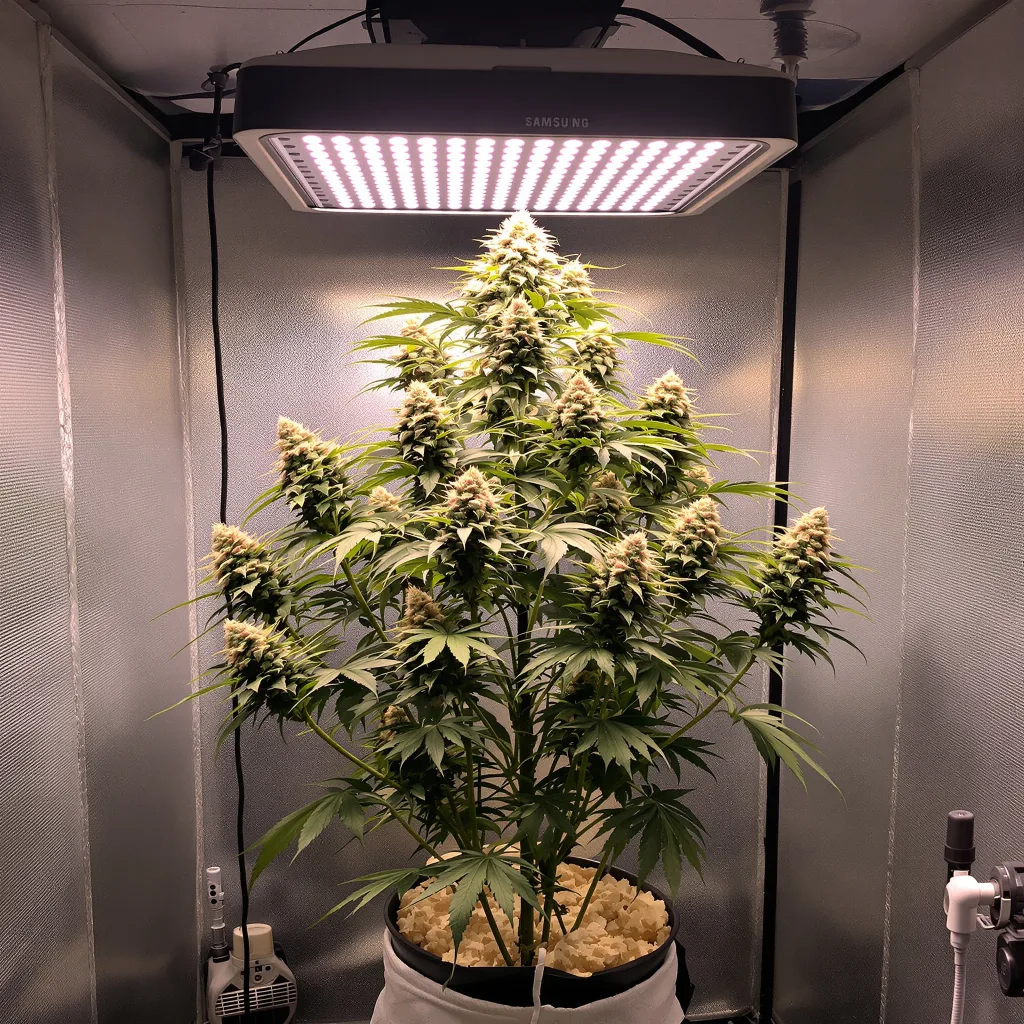 Red Widow 47% indica / 53% sativa flower with visible trichomes