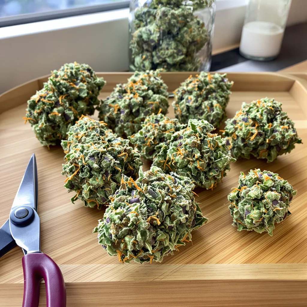 Rene Mist 41% indica / 59% sativa flower with visible trichomes