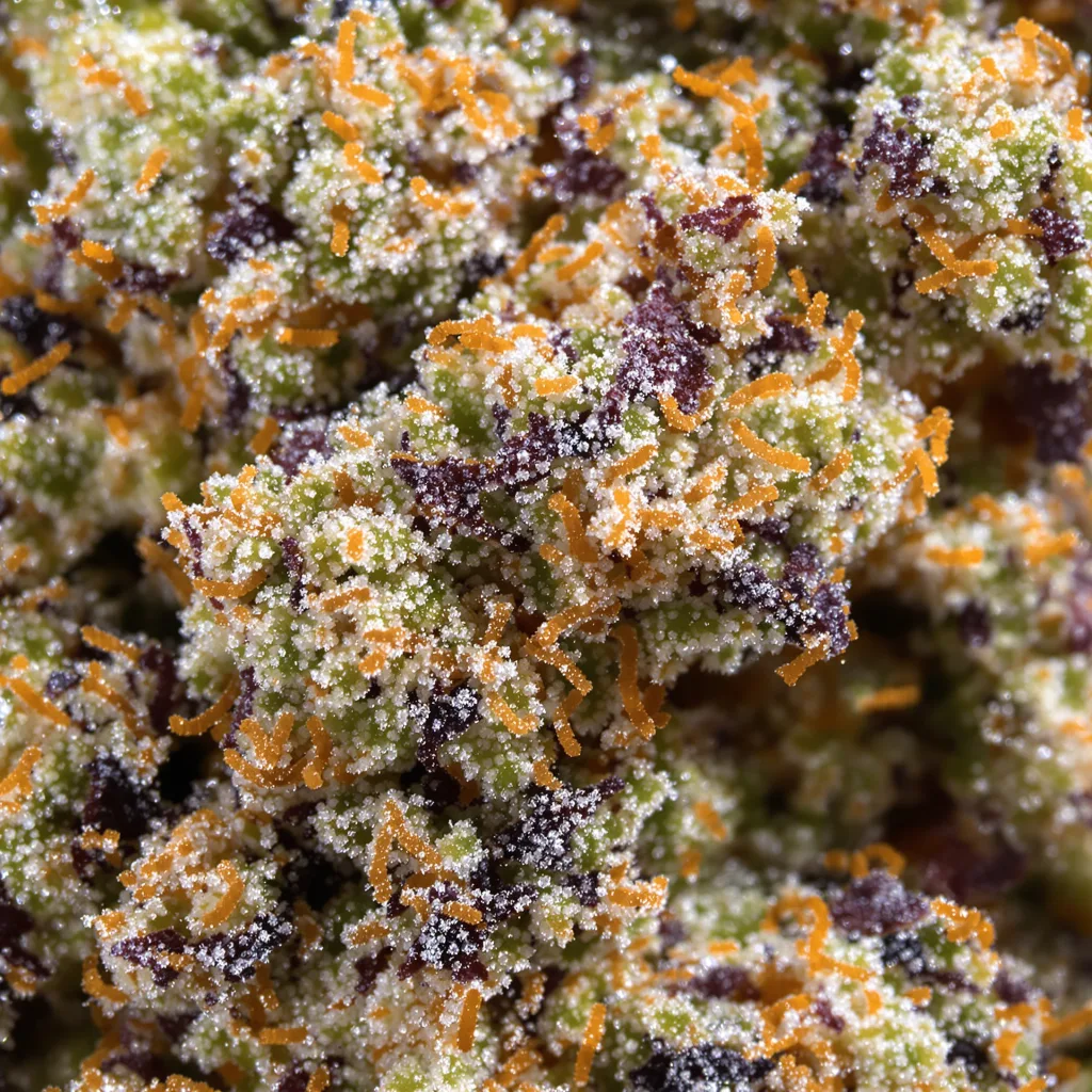 Rene Mist cannabis bud close-up showing balanced bud structure with frosted trichomes