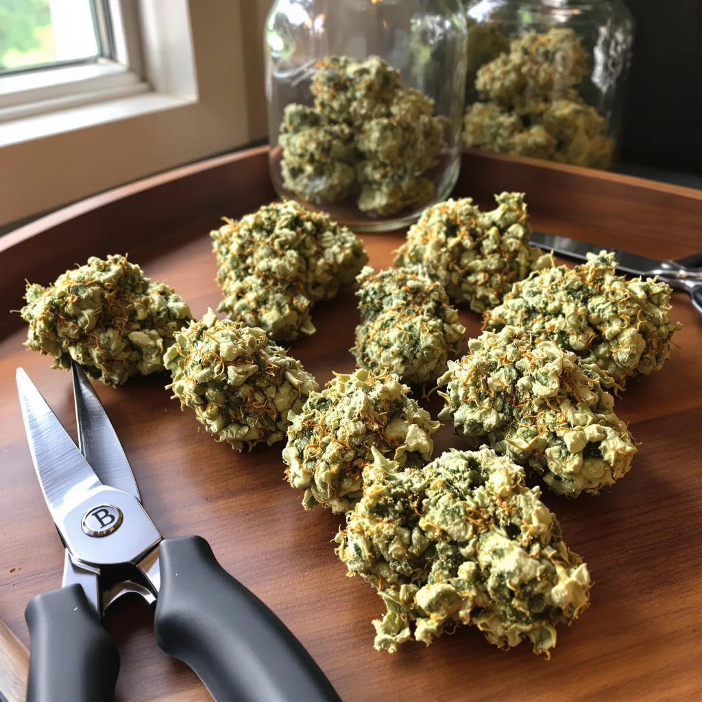 Ringos Gift CBD 50% indica / 50% sativa flower with visible trichomes
