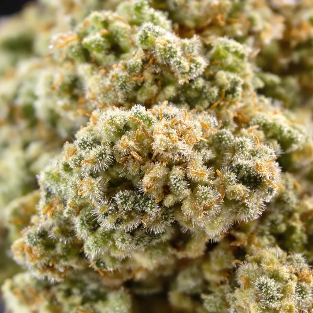 Ringos Gift CBD cannabis bud close-up showing pale-green low-resin flower