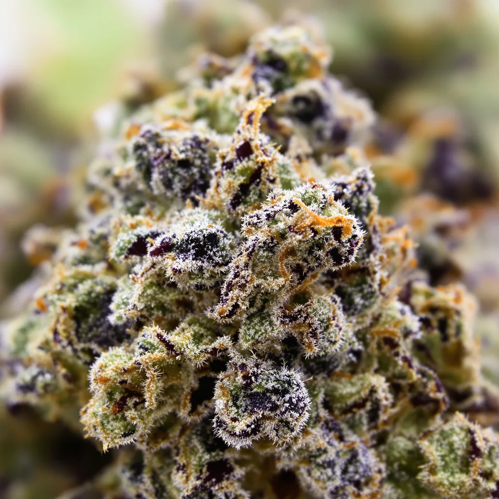 Rob Ford Kush cannabis bud close-up showing dense purple-tinged calyxes