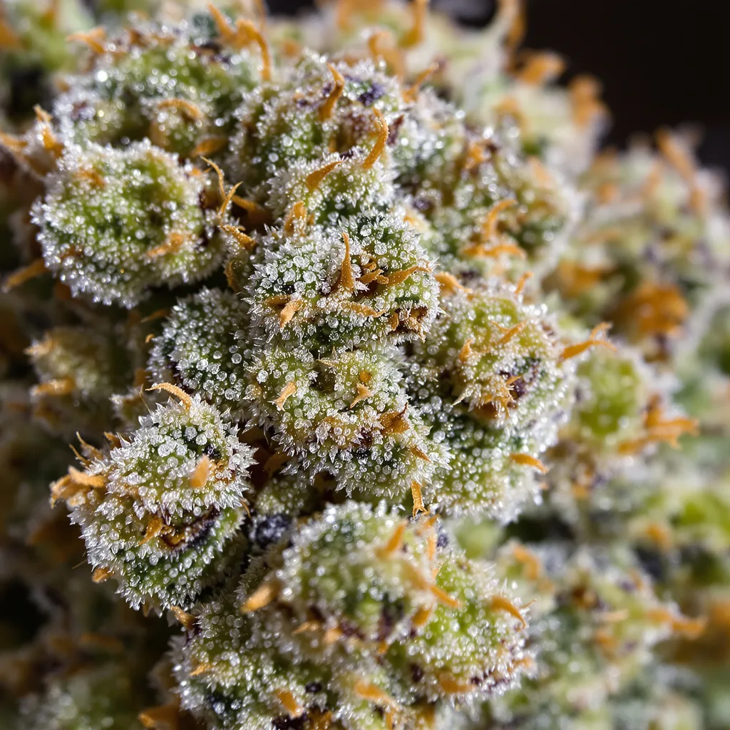Rockstar cannabis bud close-up showing balanced bud structure with frosted trichomes