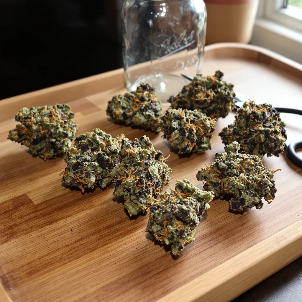 Romulan 100% indica / 50% sativa flower with visible trichomes