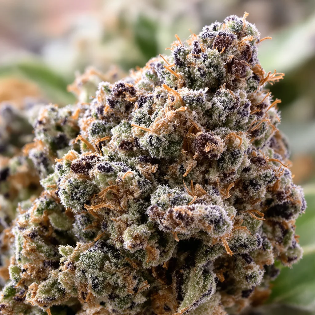 Romulan cannabis bud close-up showing dense purple-tinged calyxes