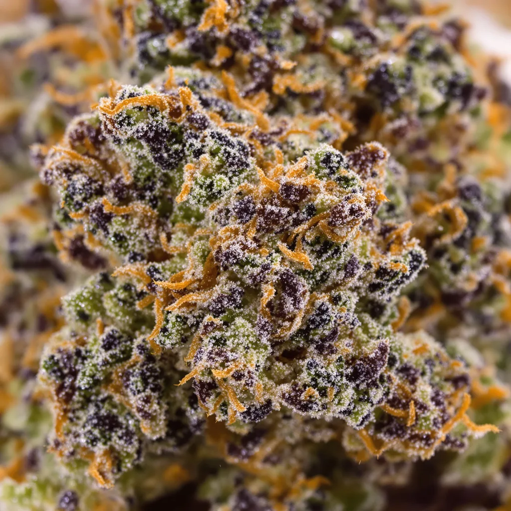 Royal Cheese cannabis bud close-up showing dense purple-tinged calyxes