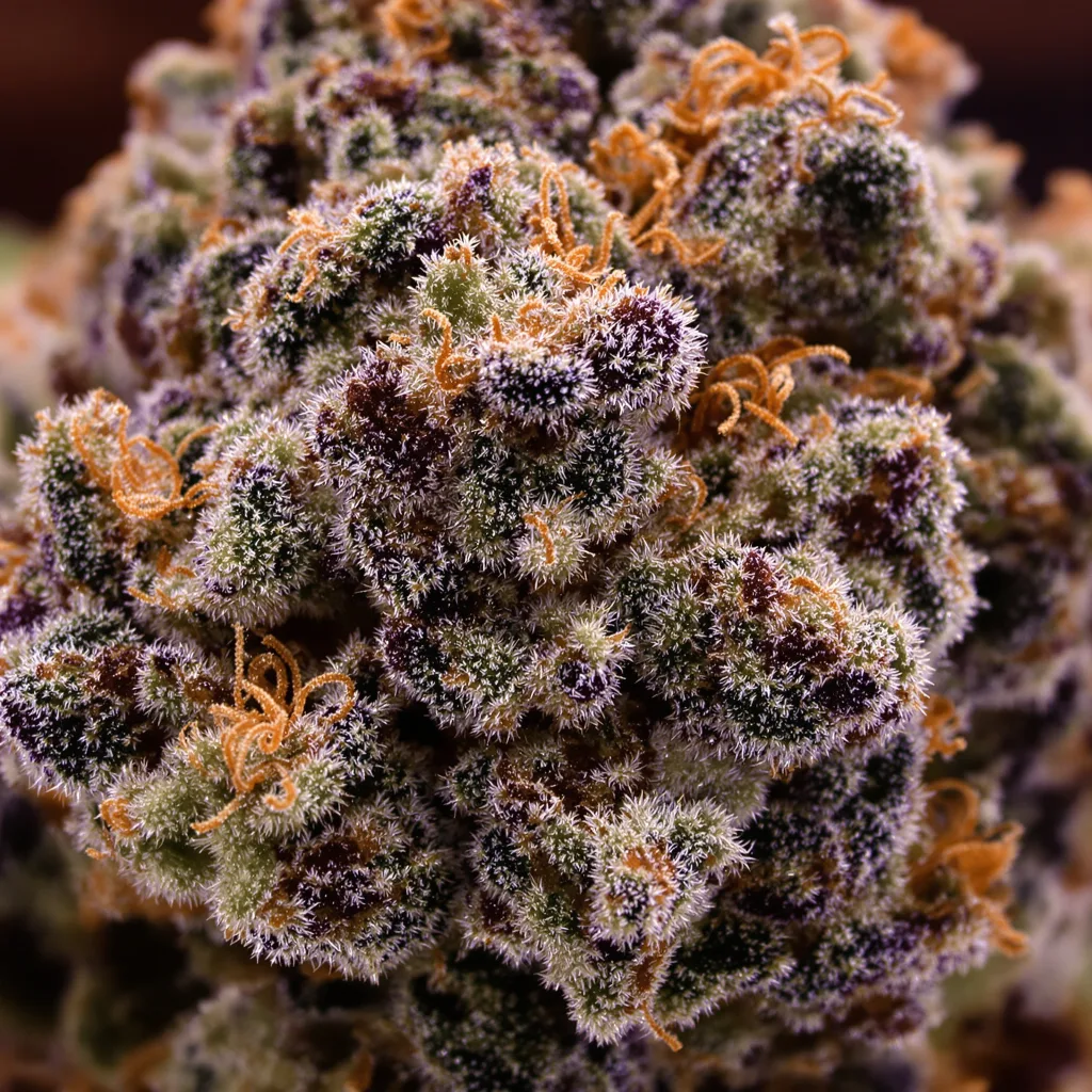 Royal Cheese cannabis bud close-up showing dense purple-tinged calyxes