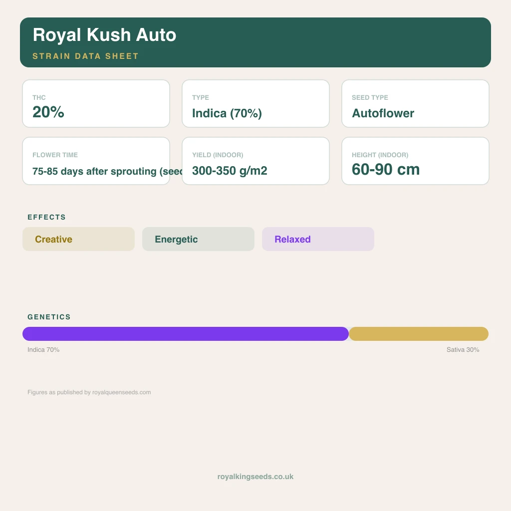 Royal Kush 70% indica / 20% sativa flower with visible trichomes