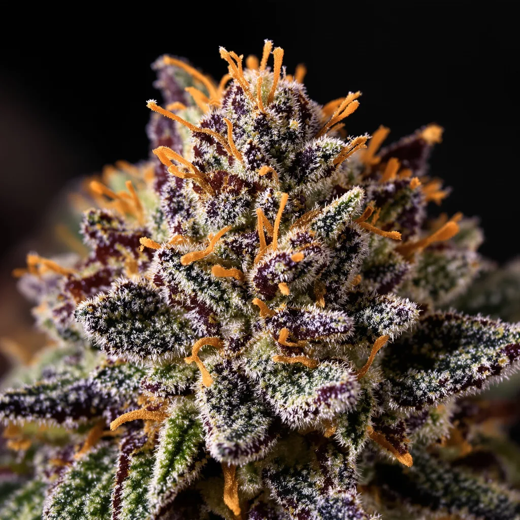 Royal Kush cannabis bud close-up showing dense purple-tinged calyxes