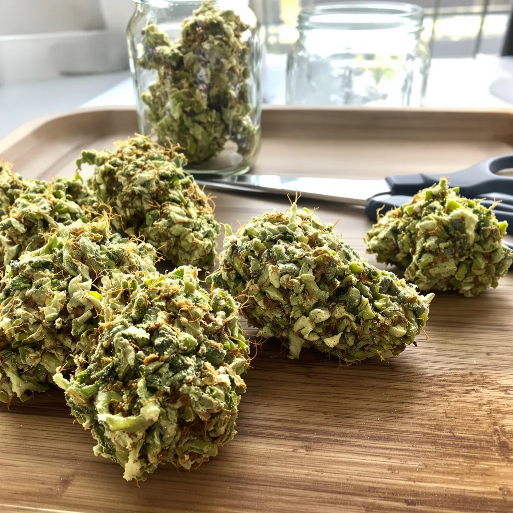 Royal Medic 25% indica / 75% sativa flower with visible trichomes