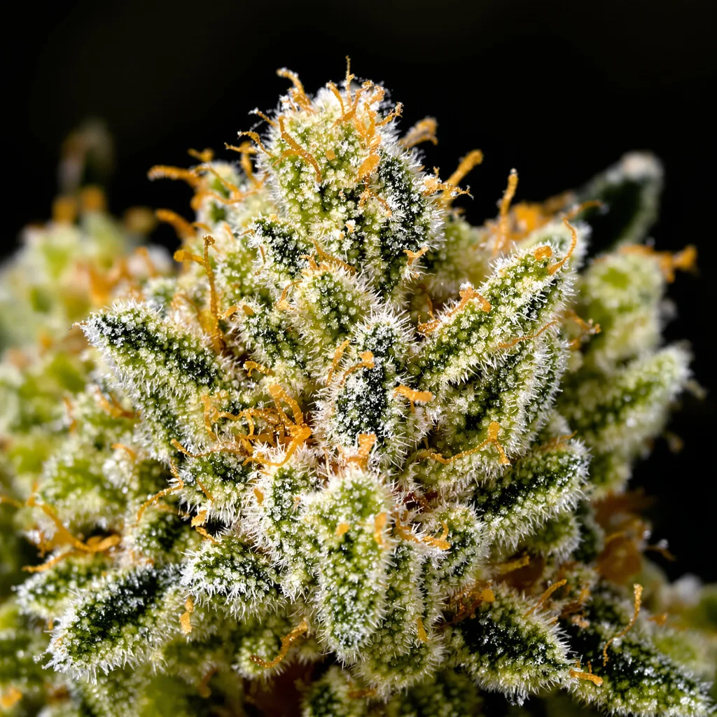 Royal Medic cannabis bud close-up showing lime-green airy structure