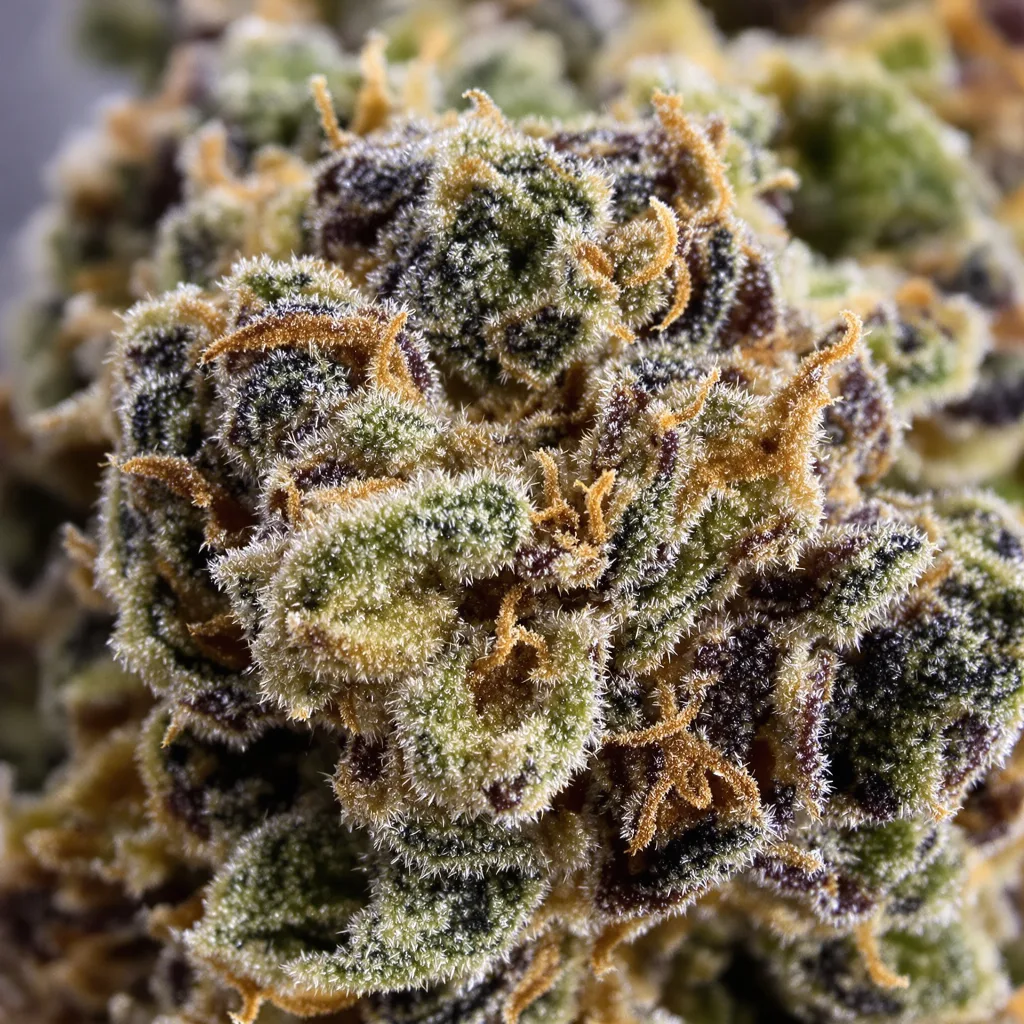 RS11 cannabis bud close-up showing dense purple-tinged calyxes